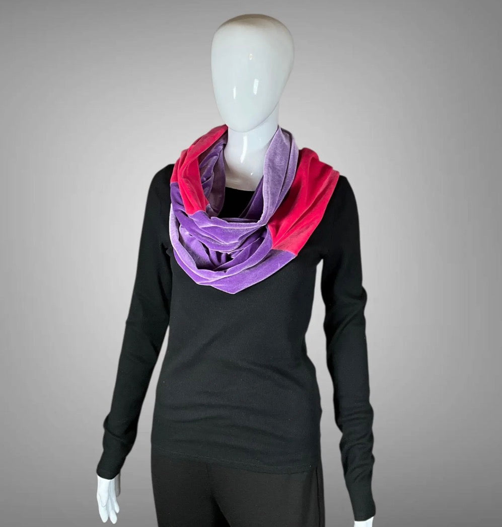 Purple and Pink Velvet Color-Blocked Long Chunky Scarf