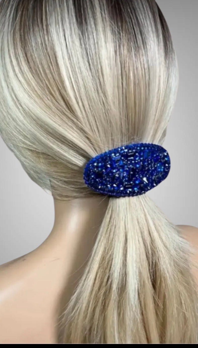 Royal Blue Rhinestone Oval Hair Barrette