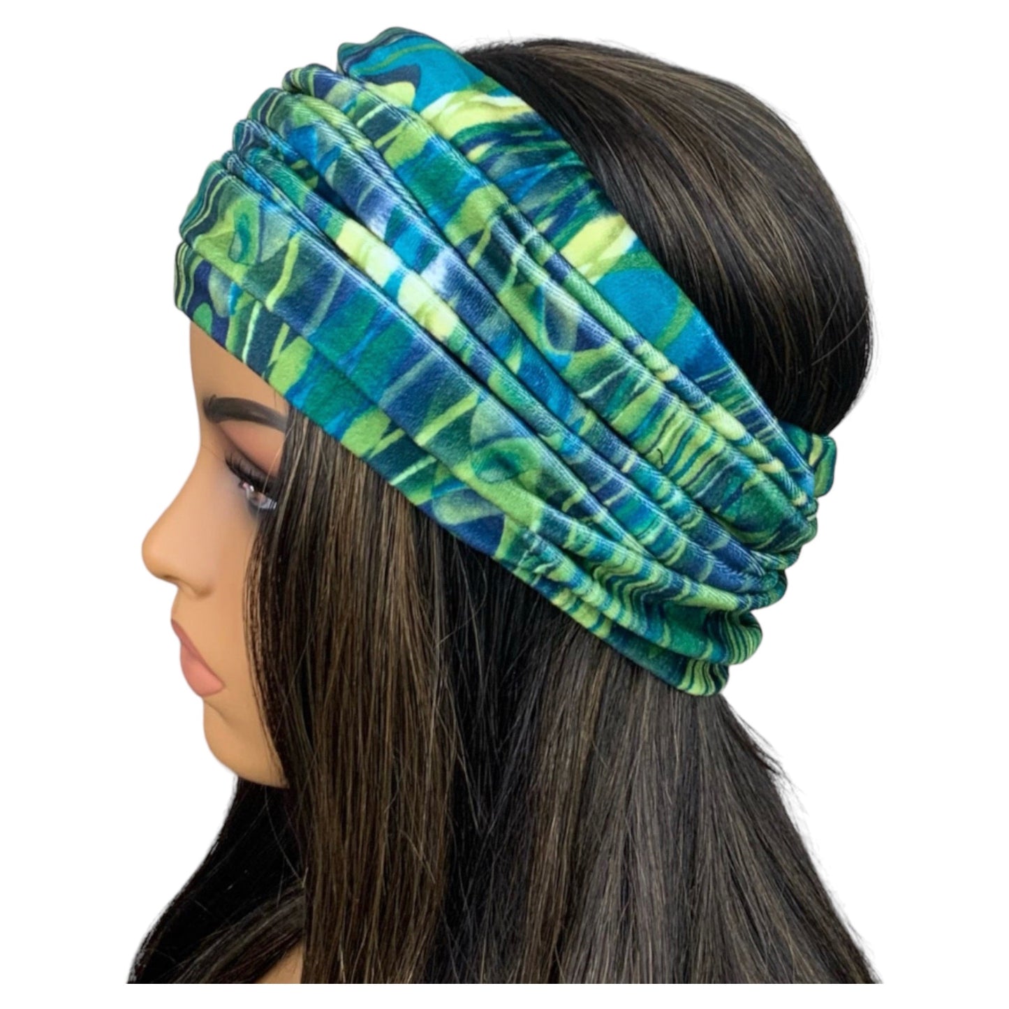 Green and Blue Print Wide Scrunch Headband