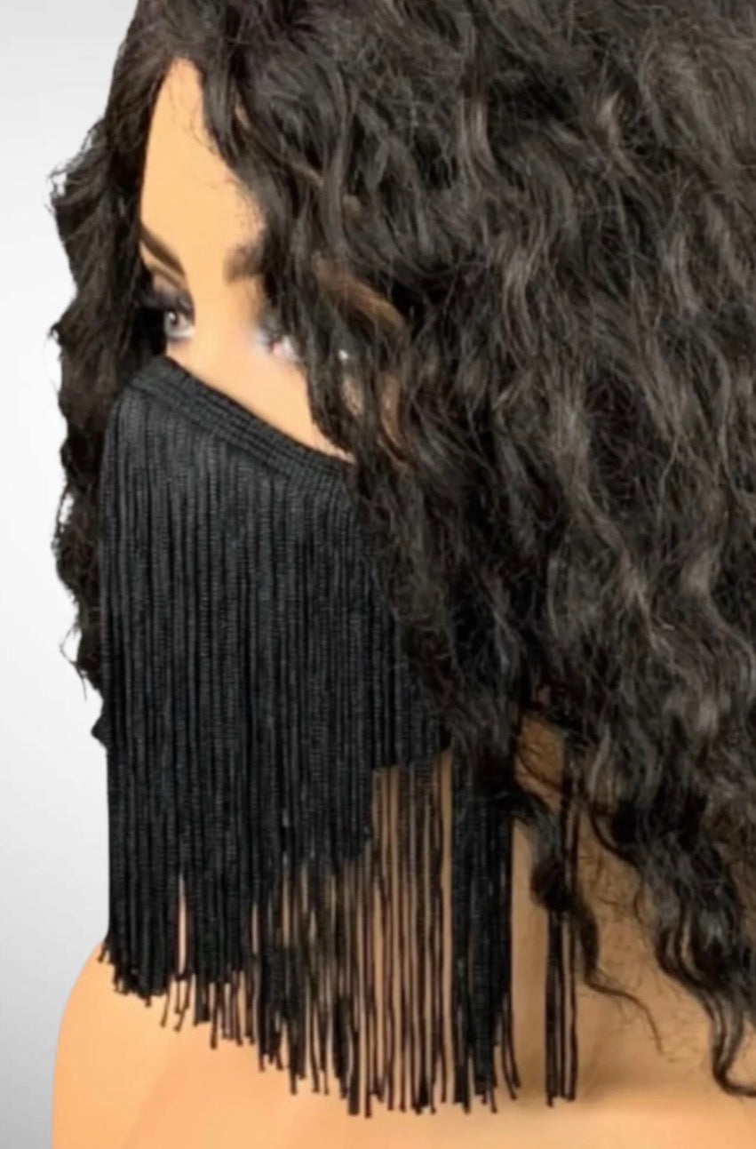 Black 6 inch Fringe Face Mask