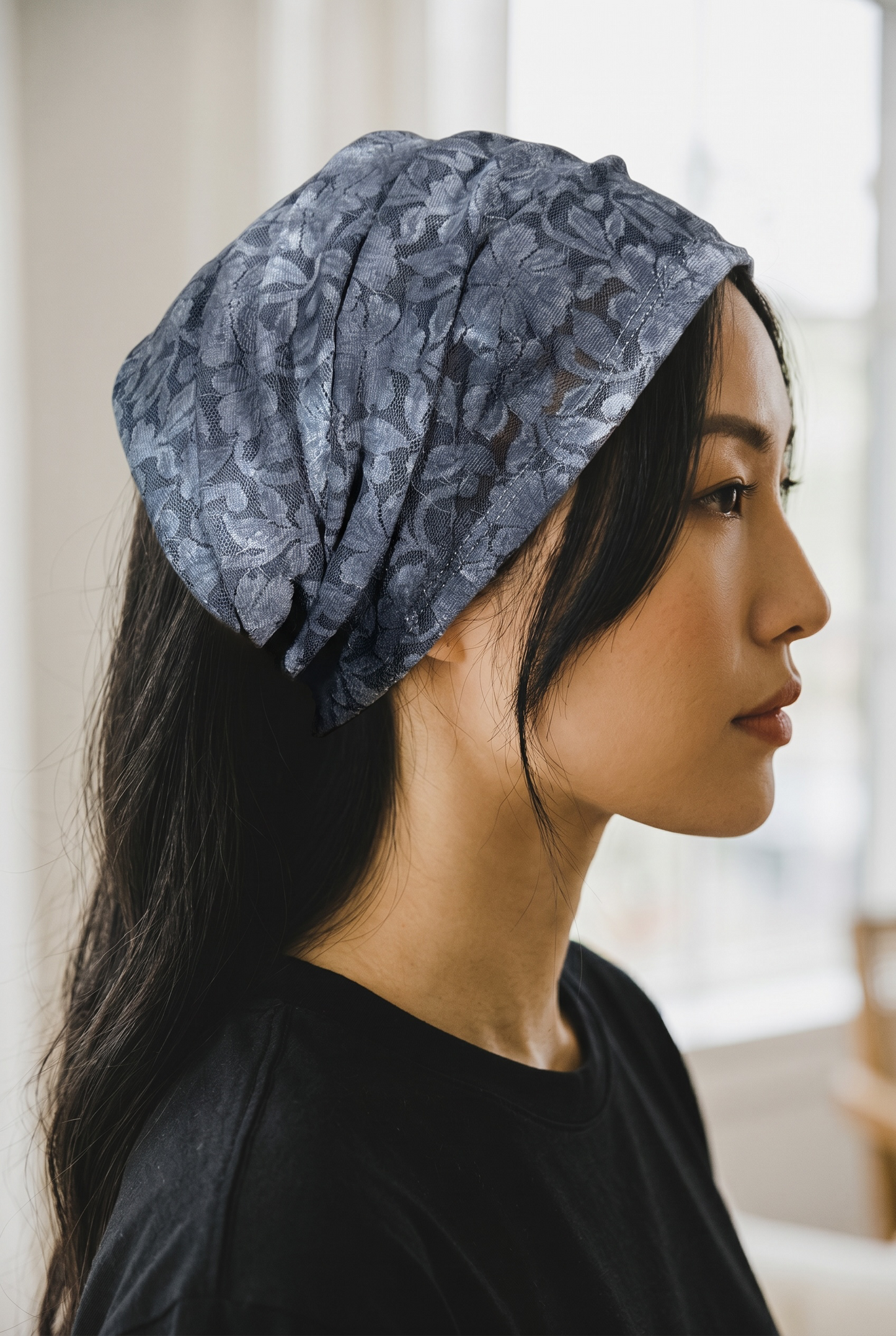 Wide Scrunch Headband Sheer Gray Tie Dye Lace