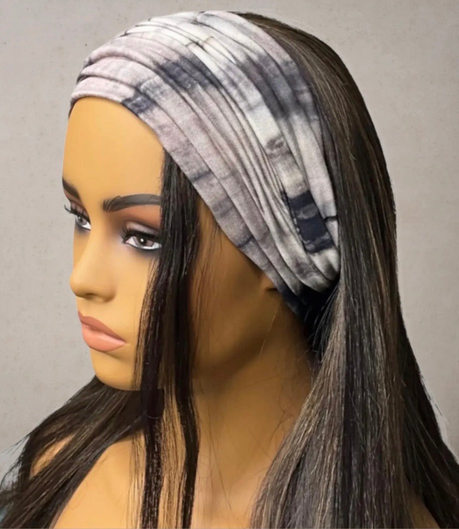 Beige and Black Tie Dye Wide Scrunch Headband