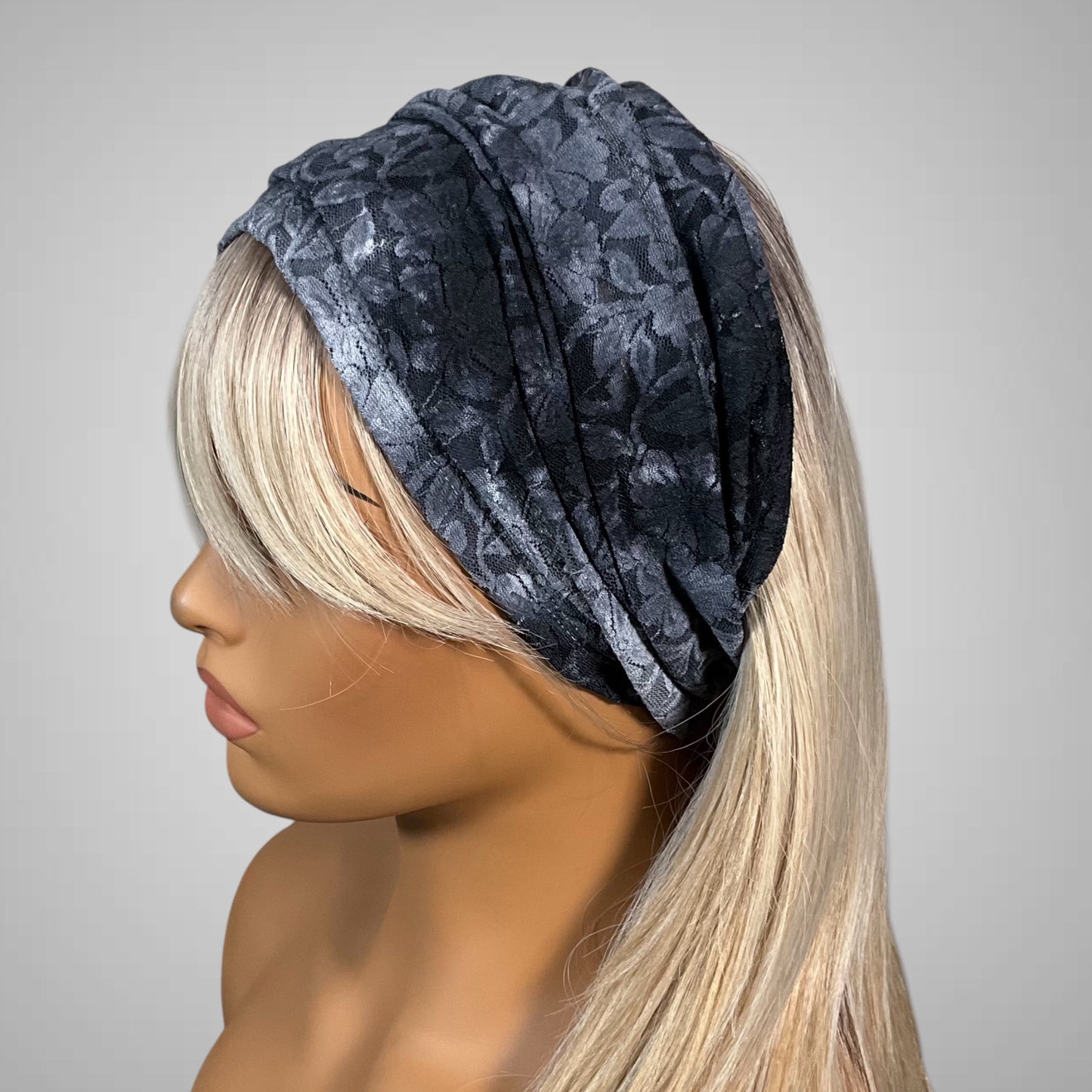Wide Scrunch Headband Sheer Gray Tie Dye Lace