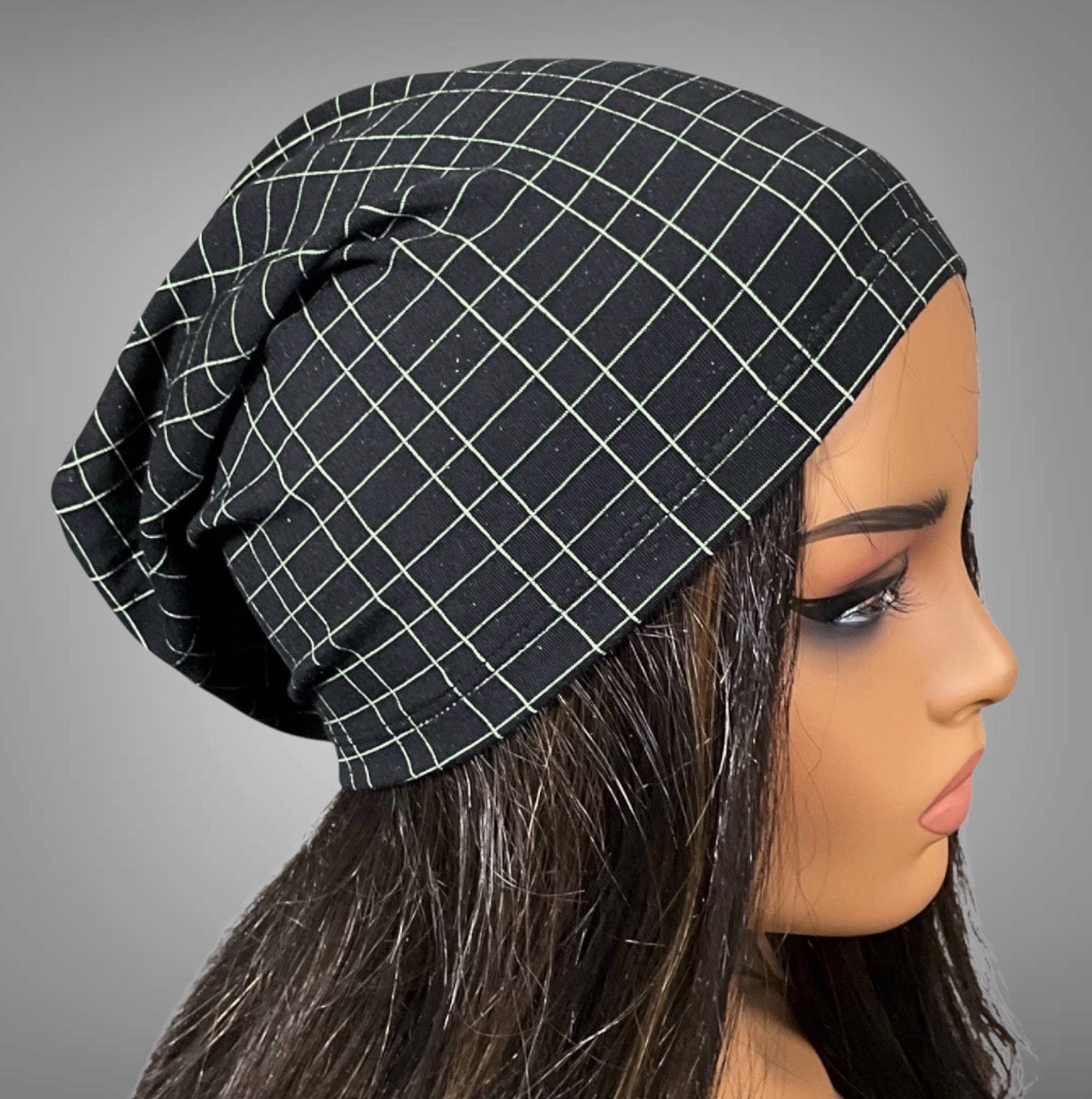 Black and Green Grid Print Slouchy Beanie Cap