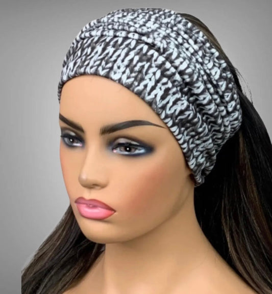 Black and White Knit Print Wide Scrunch Headband