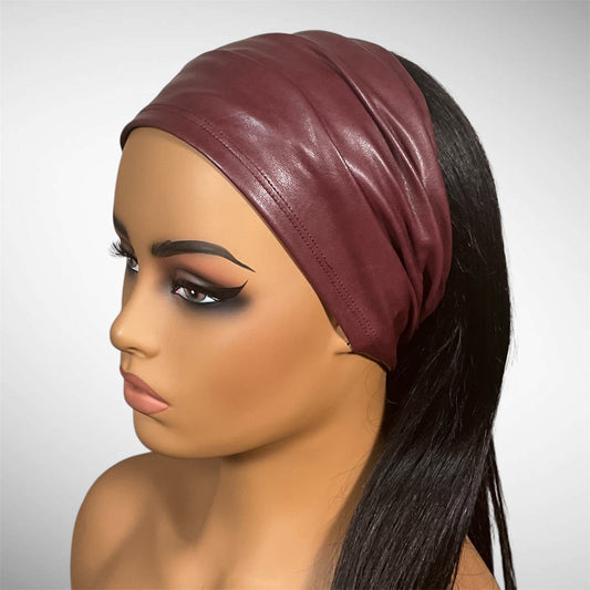 Burgundy Red Faux Leather Half Bandeau Headband