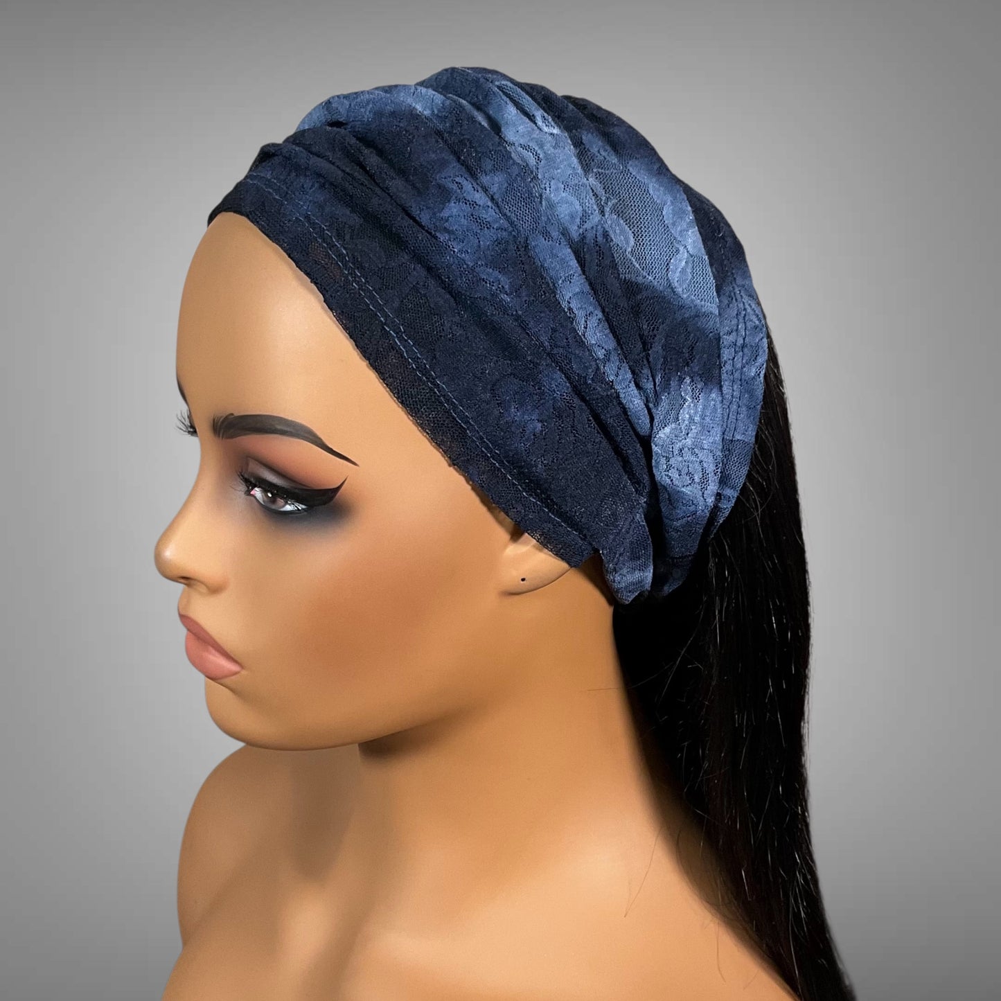 Blue Tie Dye Lace Wide Scrunch Headband