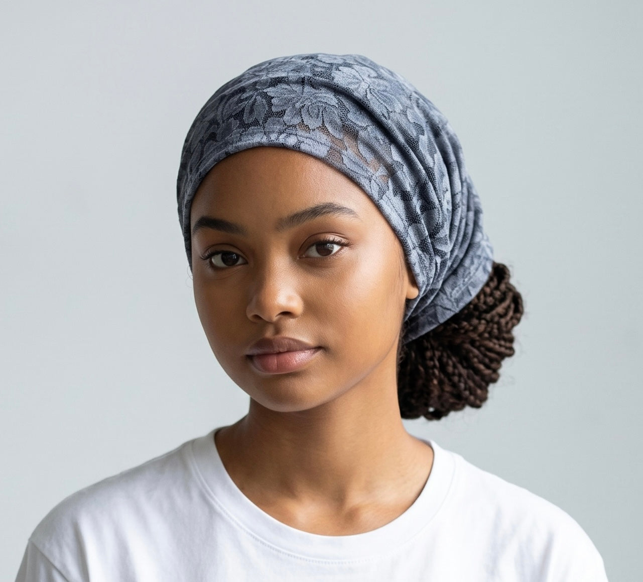 Wide Scrunch Headband Sheer Gray Tie Dye Lace