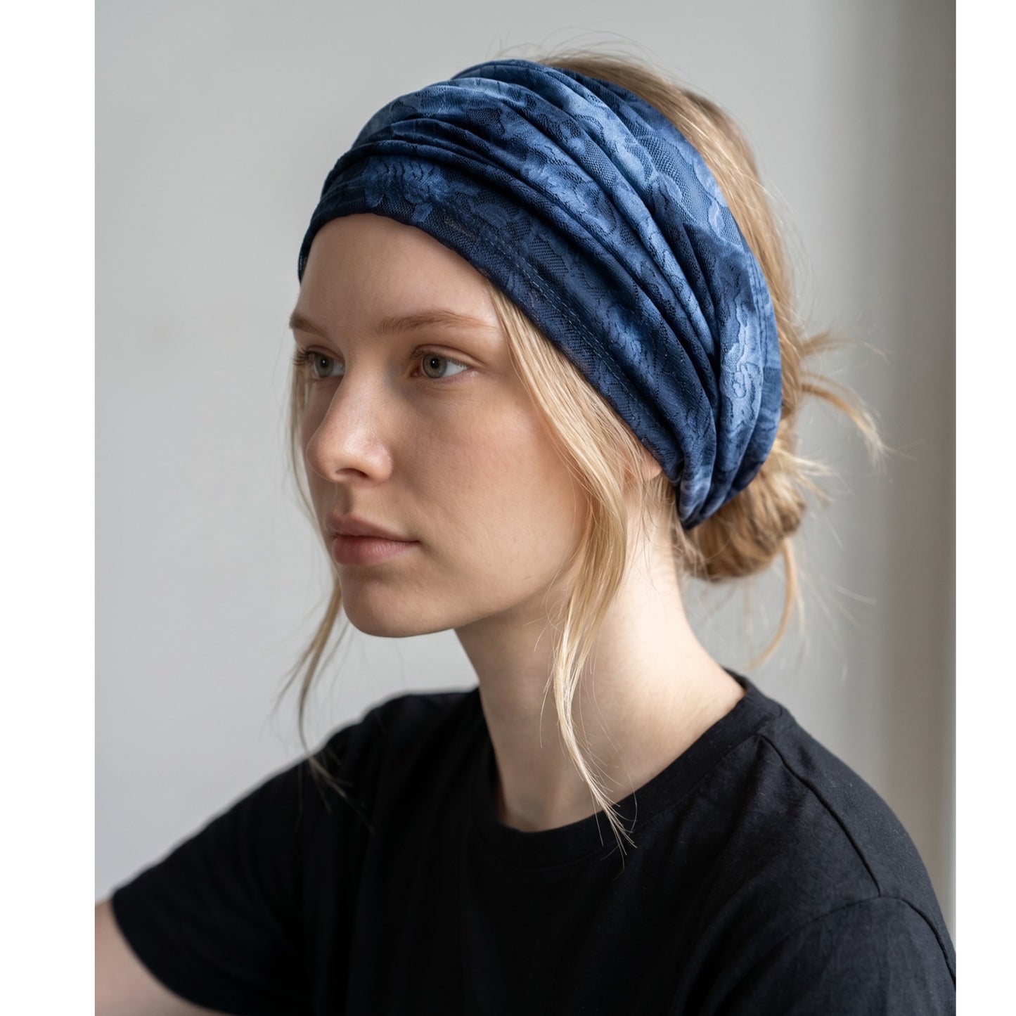 Blue Tie Dye Lace Wide Scrunch Headband