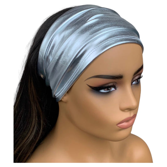Metallic Silver Faux Leather Wide Headband