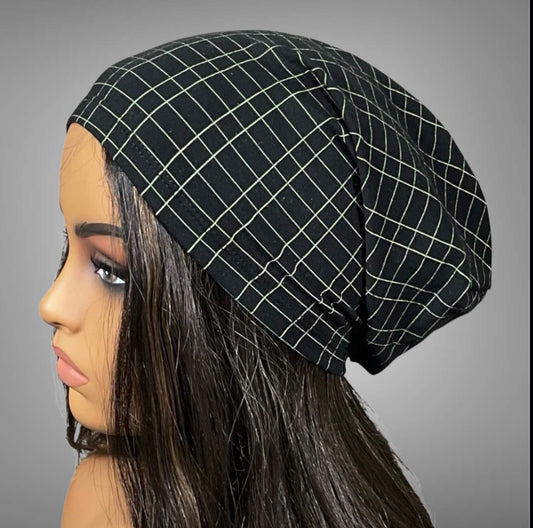 Black and Green Grid Print Slouchy Beanie Cap