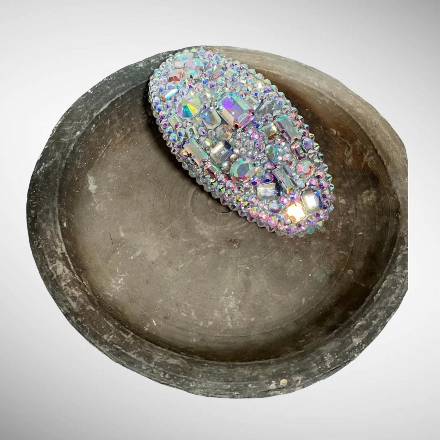 Light Clear Iridescent Rhinestone Oval Hair Barrette