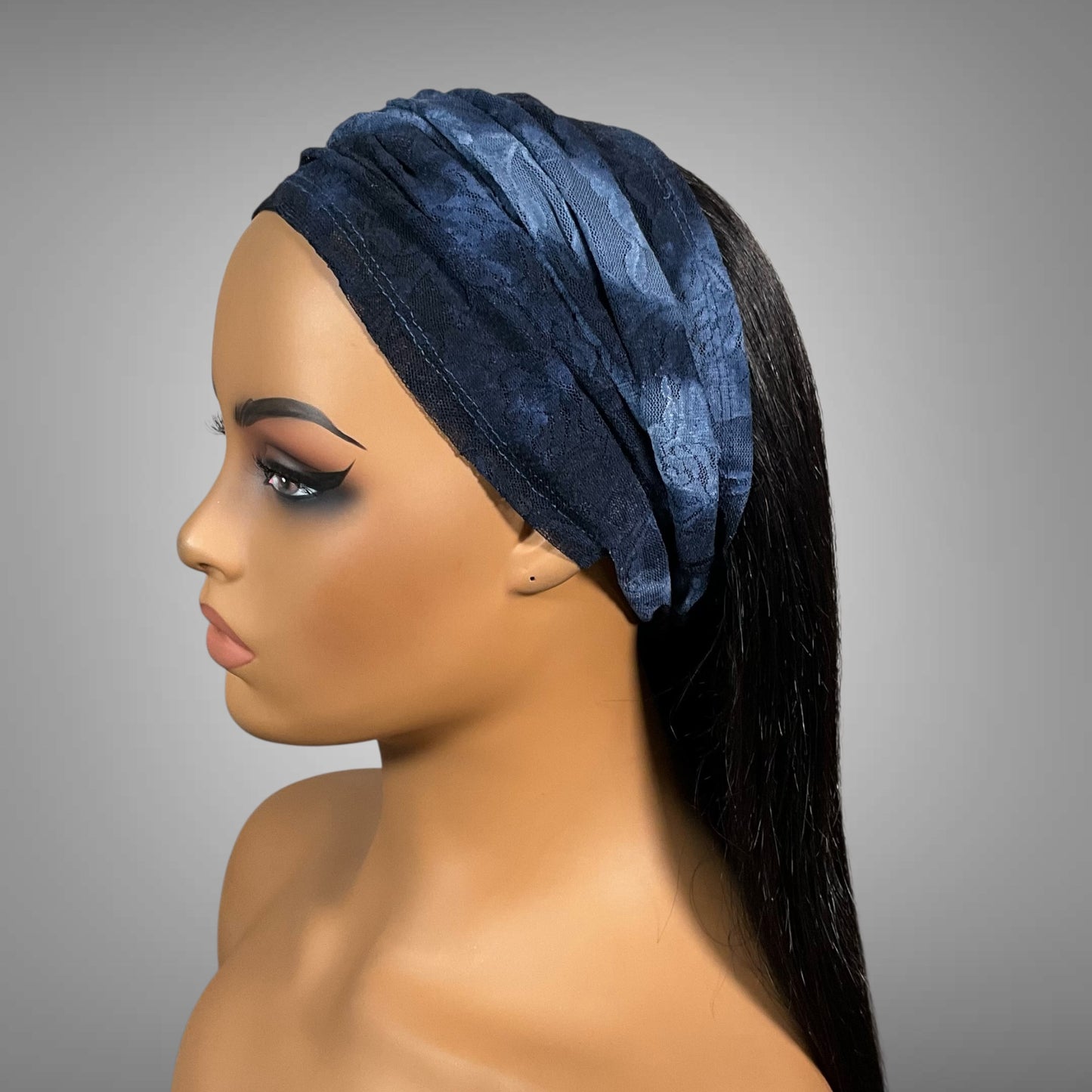 Blue Tie Dye Lace Wide Scrunch Headband