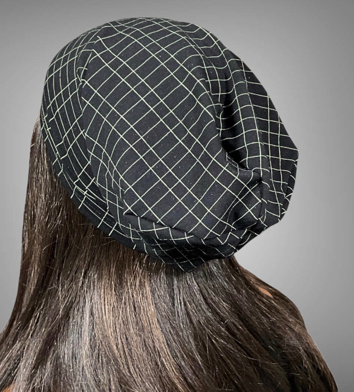 Black and Green Grid Print Slouchy Beanie Cap