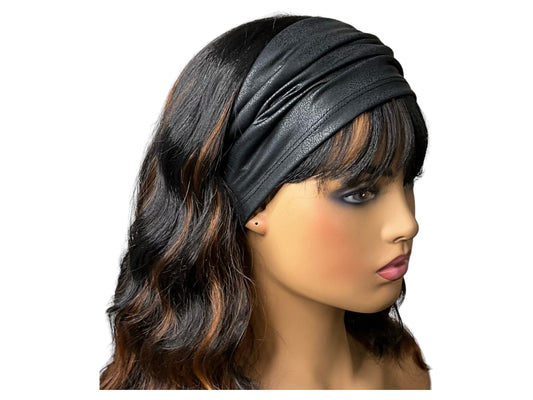 Lightweight Black Faux Leather “Big Band” Wide Stretch Headband
