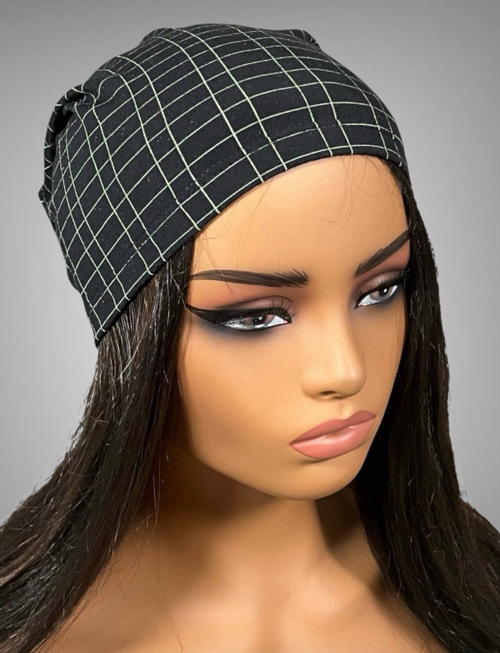 Black and Green Grid Print Slouchy Beanie Cap
