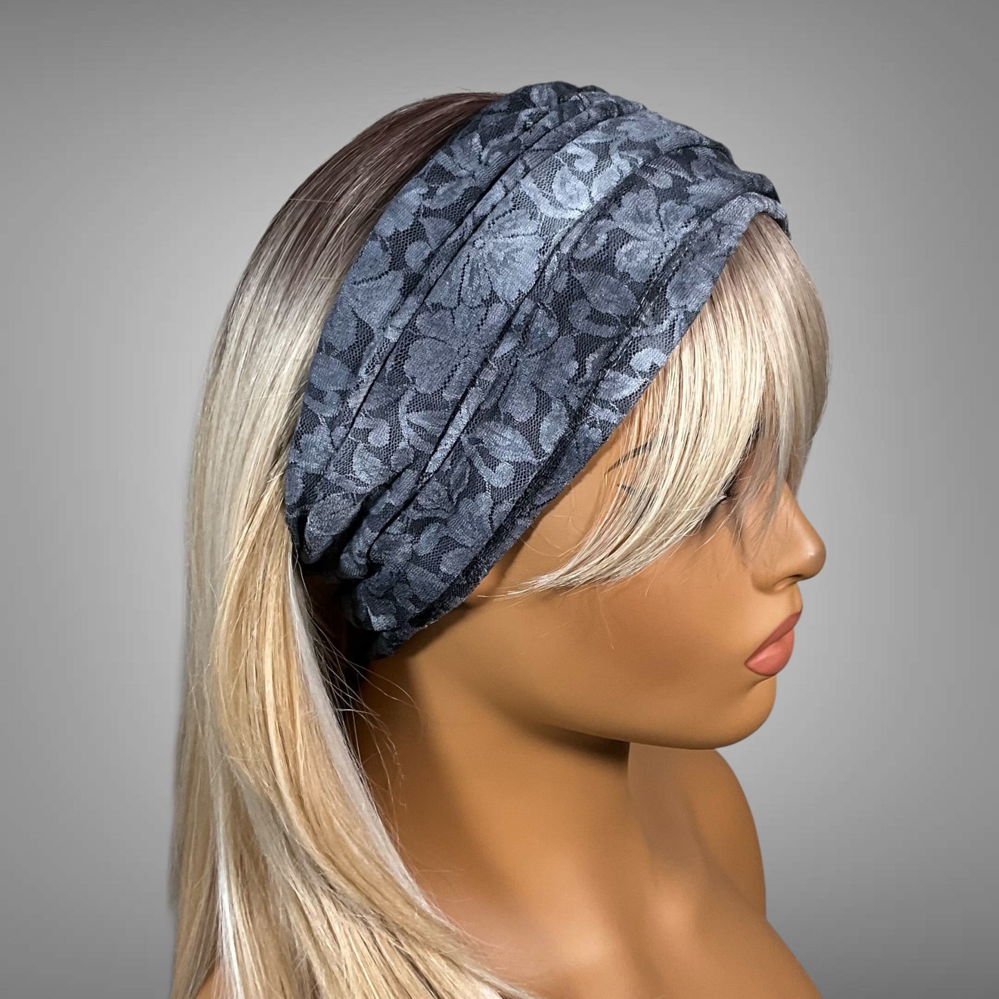 Wide Scrunch Headband Sheer Gray Tie Dye Lace