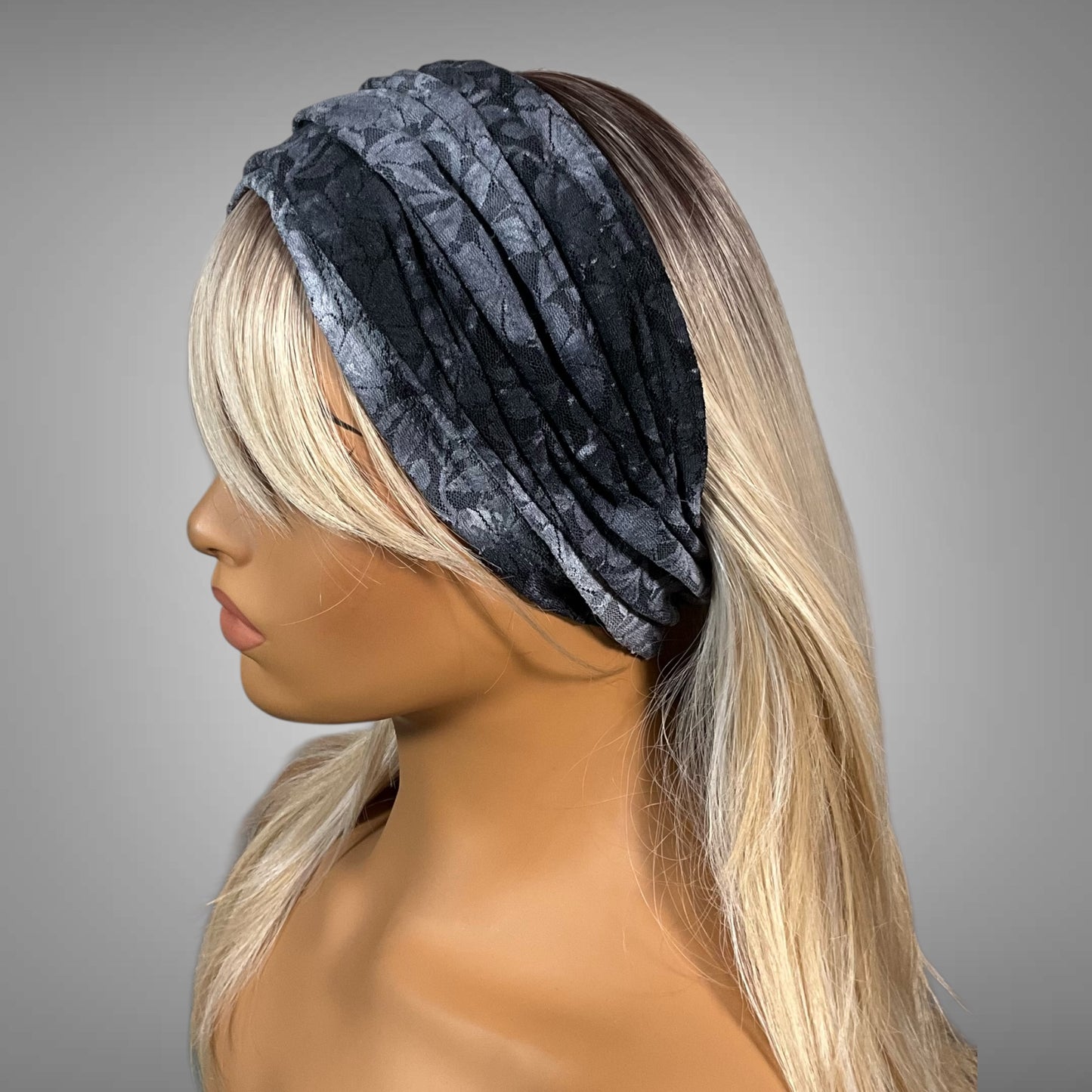Wide Scrunch Headband Sheer Gray Tie Dye Lace