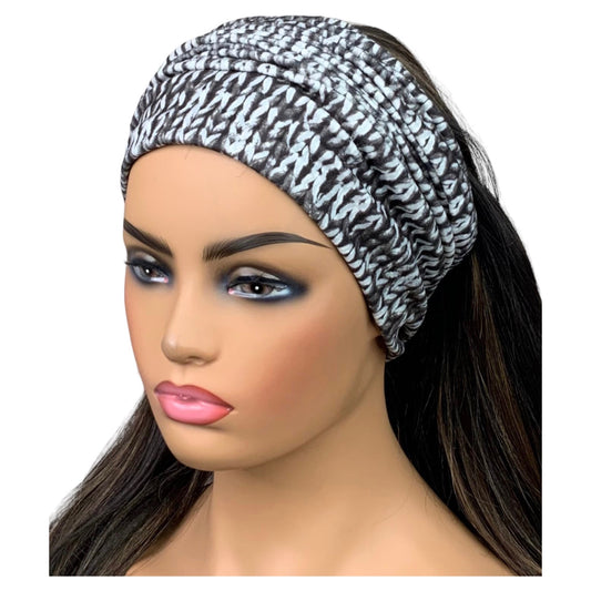 Black and White Knit Print Wide Scrunch Headband