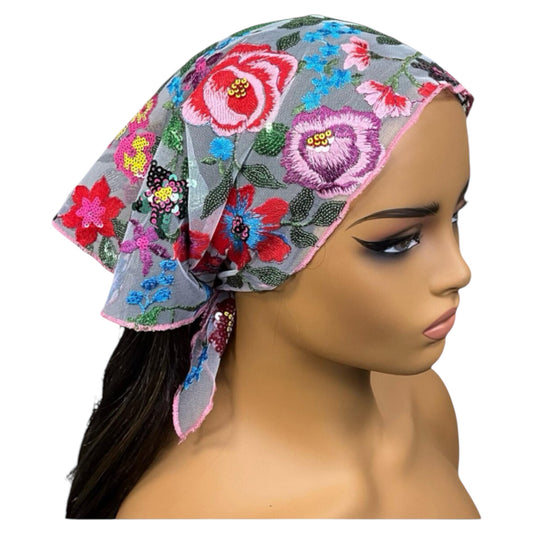 Colorful Embroidery and Sequin Floral Bandana