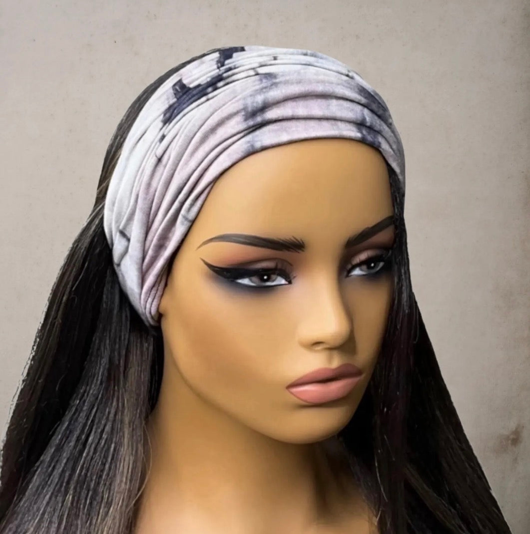 Beige and Black Tie Dye Wide Scrunch Headband
