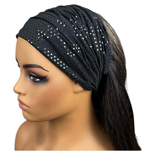Black Iridescent Polka Dot Wide Scrunch Headband